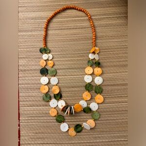 Beaded necklace, green, orange and white, vintage